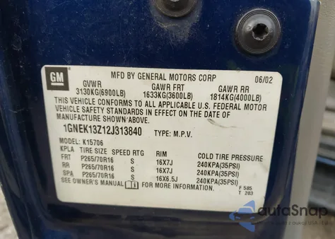 2002 Chevrolet Tahoe Lt z USA, uszkodzony, nr VIN 1GNEK13Z12J313840